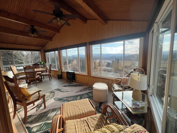 Smart TV, fireplace, books