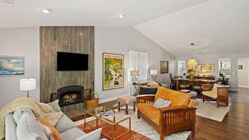 TV connectée, cheminée, livres