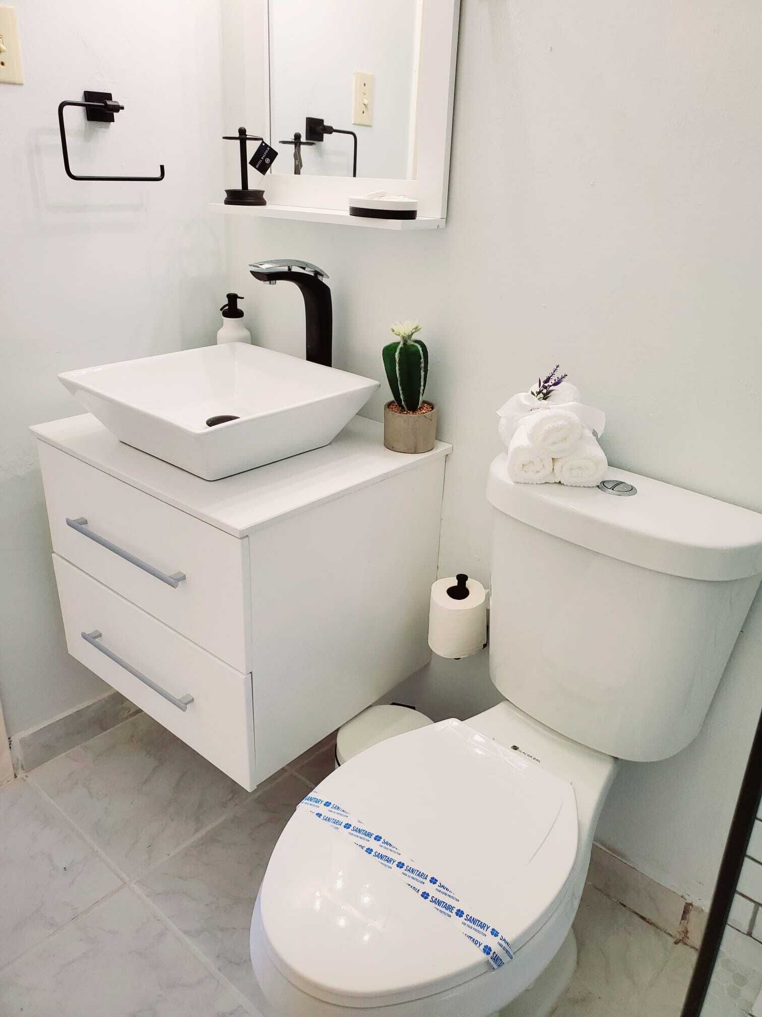 Ein modernes Badezimmer mit einem weißen Waschbecken, einer Toilette und einer kleinen Kakteenpflanze.