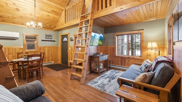 L’intérieur d’une cabane en bois comprend un coin repas, un salon avec un canapé et une échelle menant à une mezzanine, ainsi qu’une grande fenêtre donnant sur la forêt.