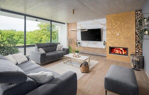 Smart TV, caminetto, tavolo da calcetto, tavolo da ping pong