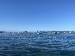 A coastal view with calm waters, a lighthouse, and distant buildings.