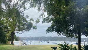 Un espace verdoyant avec un chien, des arbres et un port de plaisance où l’on aperçoit des bateaux au loin.