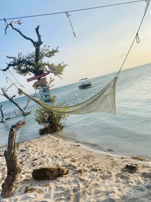 A hammock strung between trees, a boat on the water, and a sandy beach.