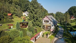 A large house with a sloped roof, a small wooden playhouse, and a pond.