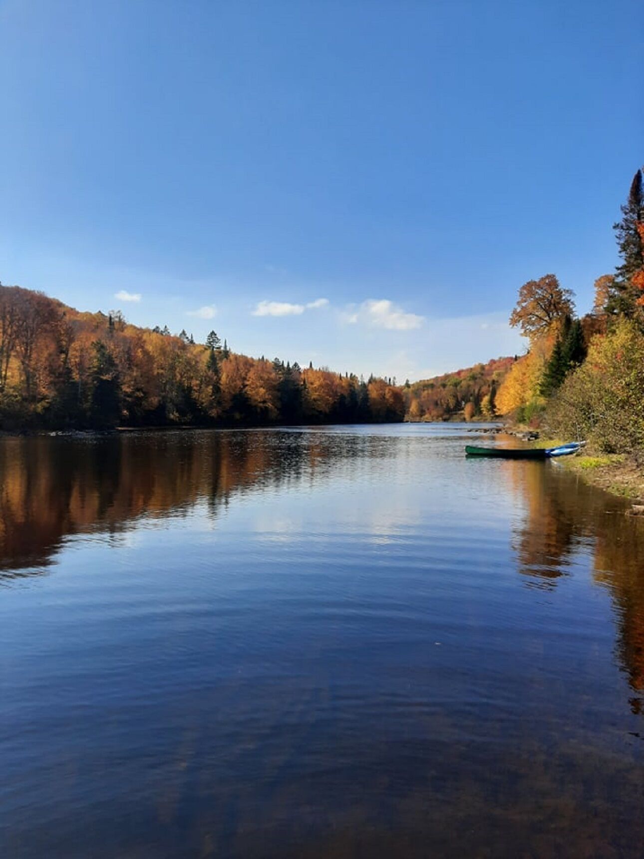 Ein ruhiger See, umgeben von Bäumen in Herbstfarben.