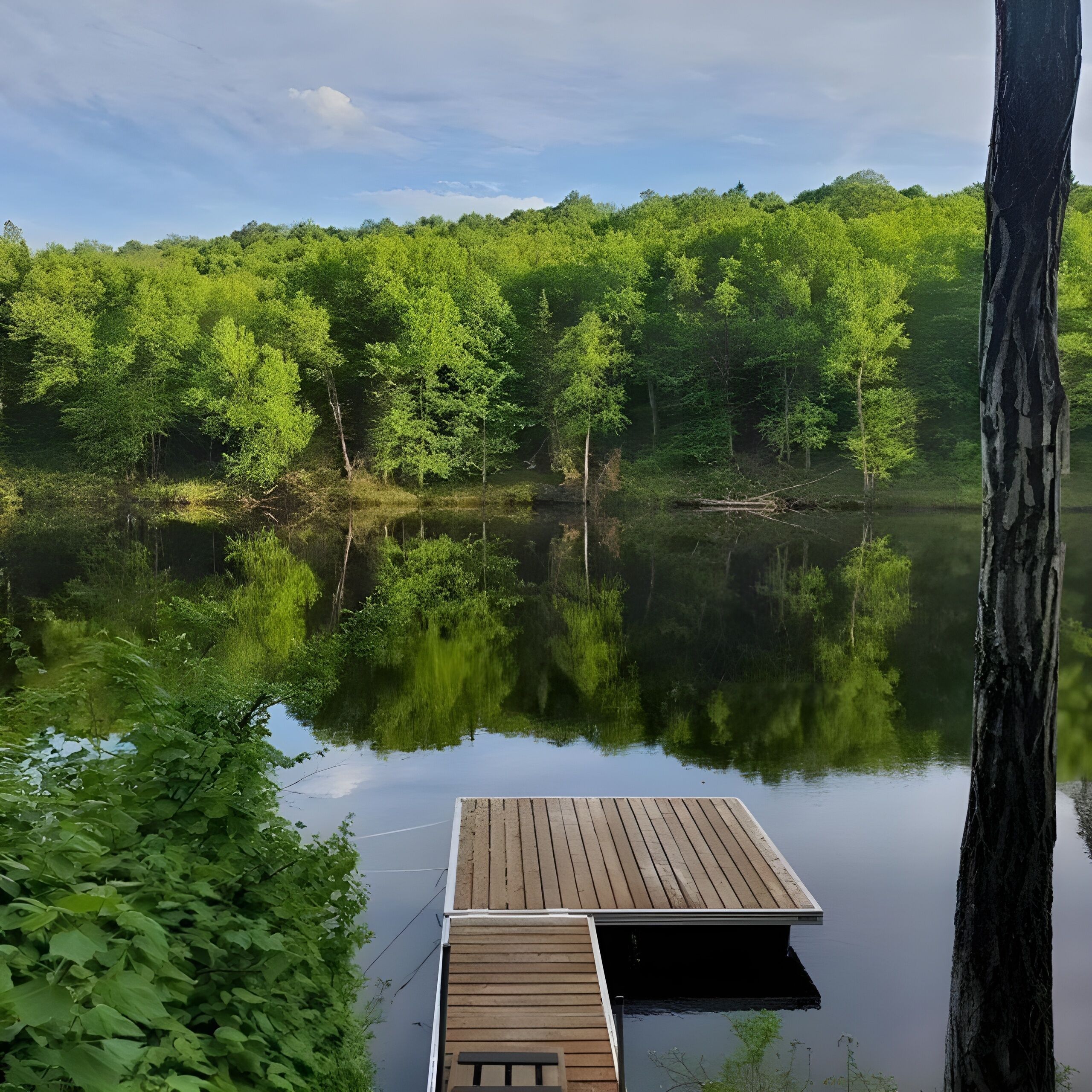 Un muelle de madera que se adentra en un lago tranquilo rodeado de un bosque verde y frondoso.