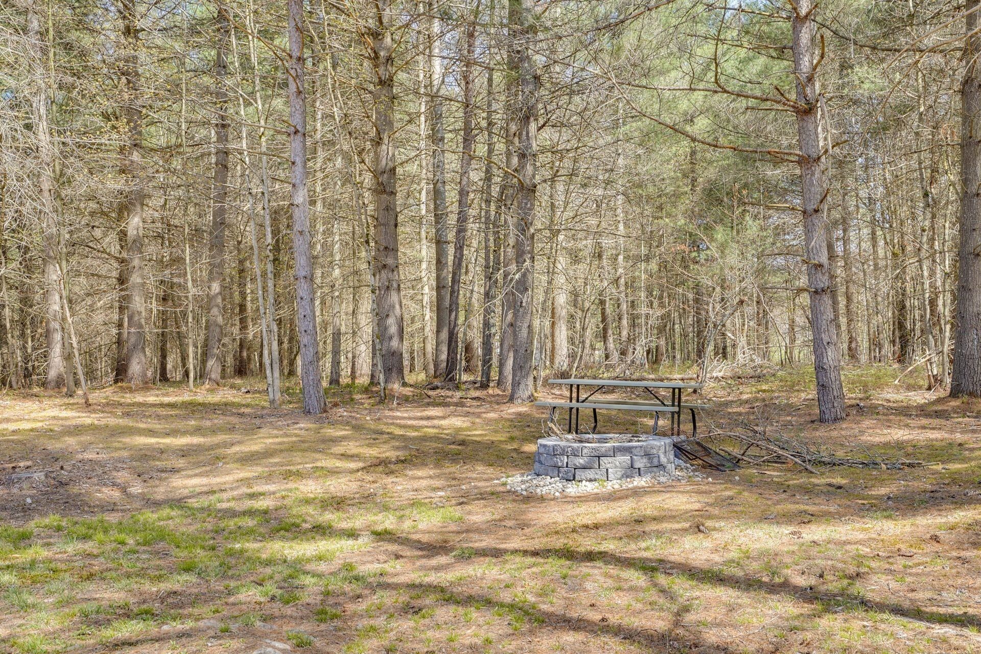 A forested area with a picnic table and a stone fire pit.