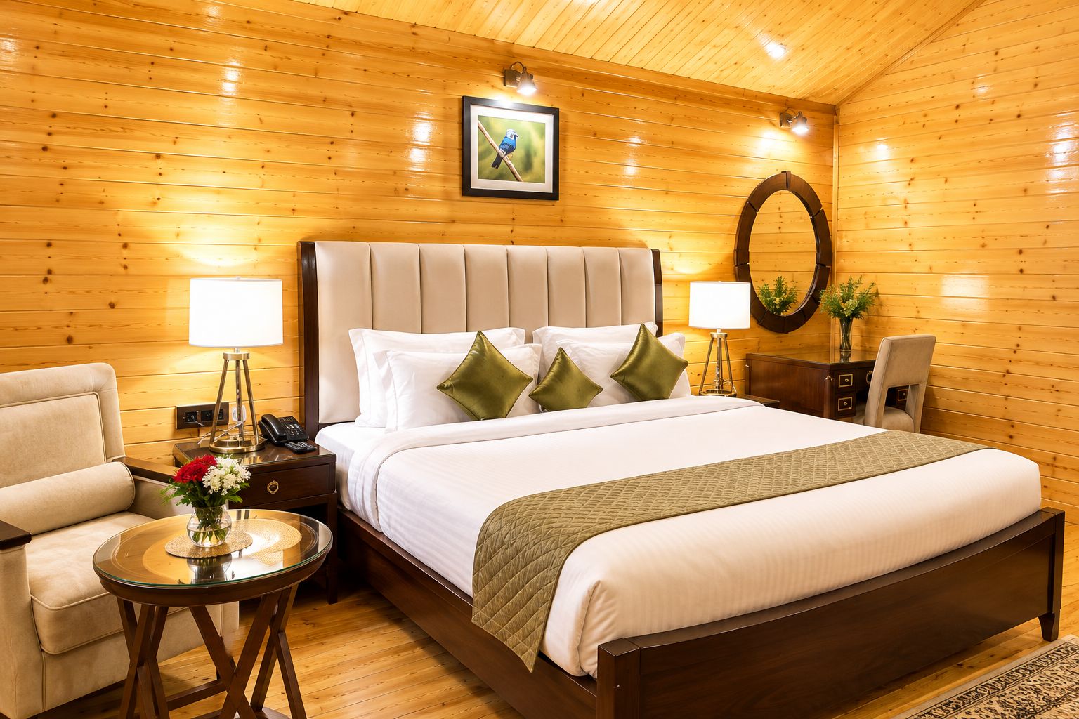 Ein Hotelzimmer mit Holzboden, einem großen Bett mit weißer Bettwäsche und grünen Kissen, einem runden Tisch mit Blumenvase und einem Sessel.