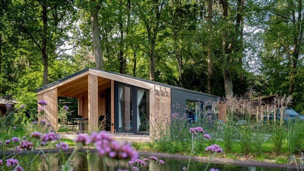 A modern wooden cabin with a glass door, surrounded by lush greenery and a pond. - Europarcs Marina Strandbad (Olburgen)