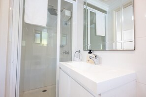 Shower, eco-friendly toiletries, hair dryer, towels