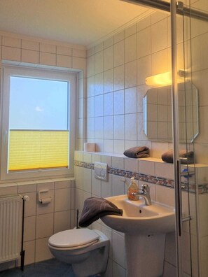 Dusche, Haartrockner, Seife, Toilettenpapier