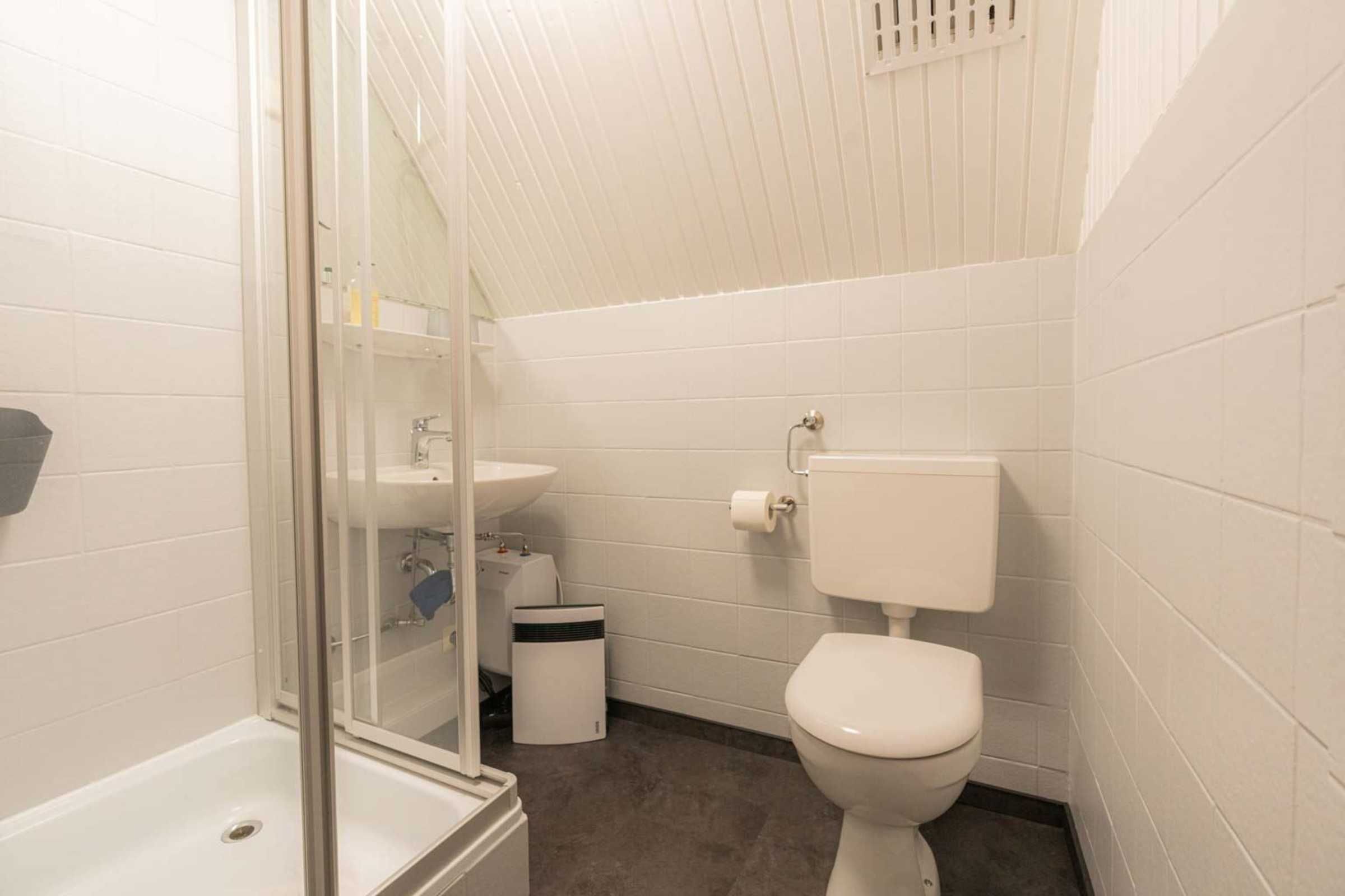 Ein kleines Badezimmer mit weißen Wänden, einer Dusche, Toilette und einem Waschbecken.