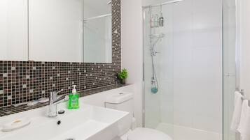 Shower, hair dryer, towels, soap