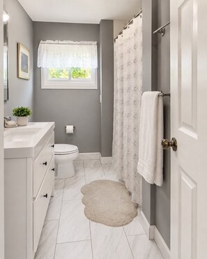 Bathtub, hair dryer, bidet, towels