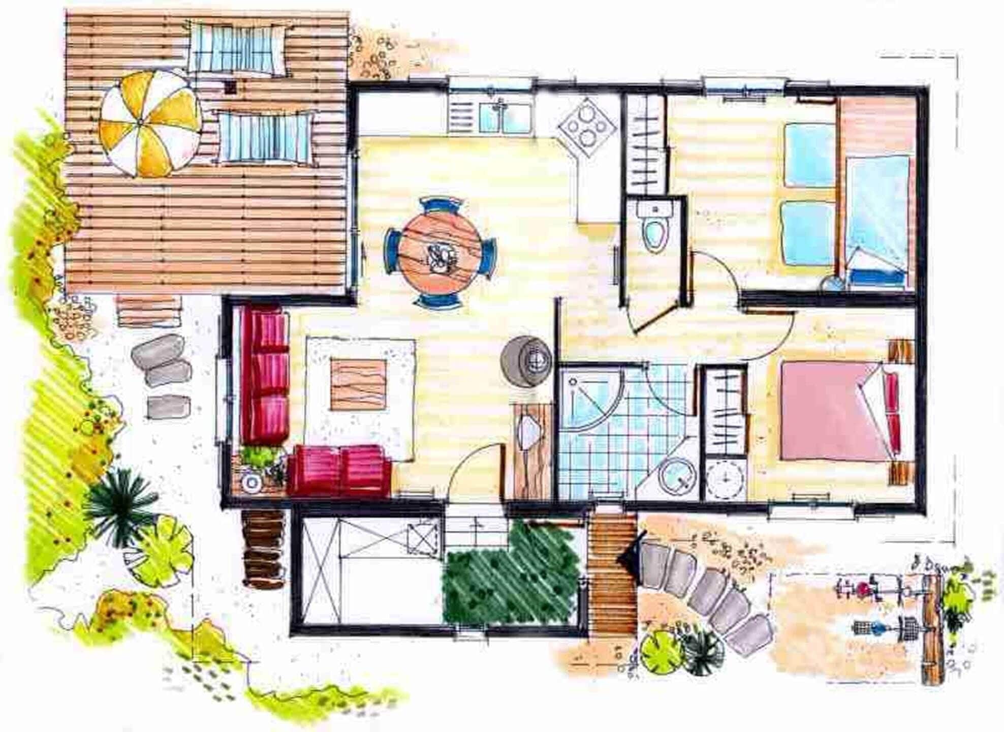 Plano de planta de una casa con sala de estar, comedor, cocina, dos dormitorios, un baño y un pequeño patio exterior.