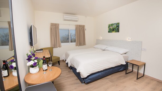 Habitación de hotel con cama, mesita de noche, silla, escritorio y espejo.