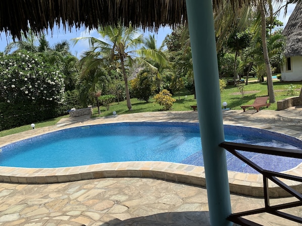 A swimming pool with a stone border, surrounded by lush greenery and palm trees. - Wonderful area as described. Feel at home. (Malindi)