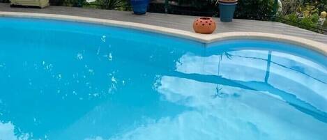 Una piscina a forma di curva, circondata da piante in vaso e da una recinzione in legno.