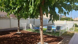 Ein eingezäunter Außenbereich mit Pool, Liegestühlen und einem Baum.