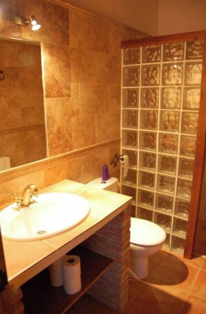 Un baño con un espejo grande, un lavabo, un inodoro y una cabina de ducha de cristal.
