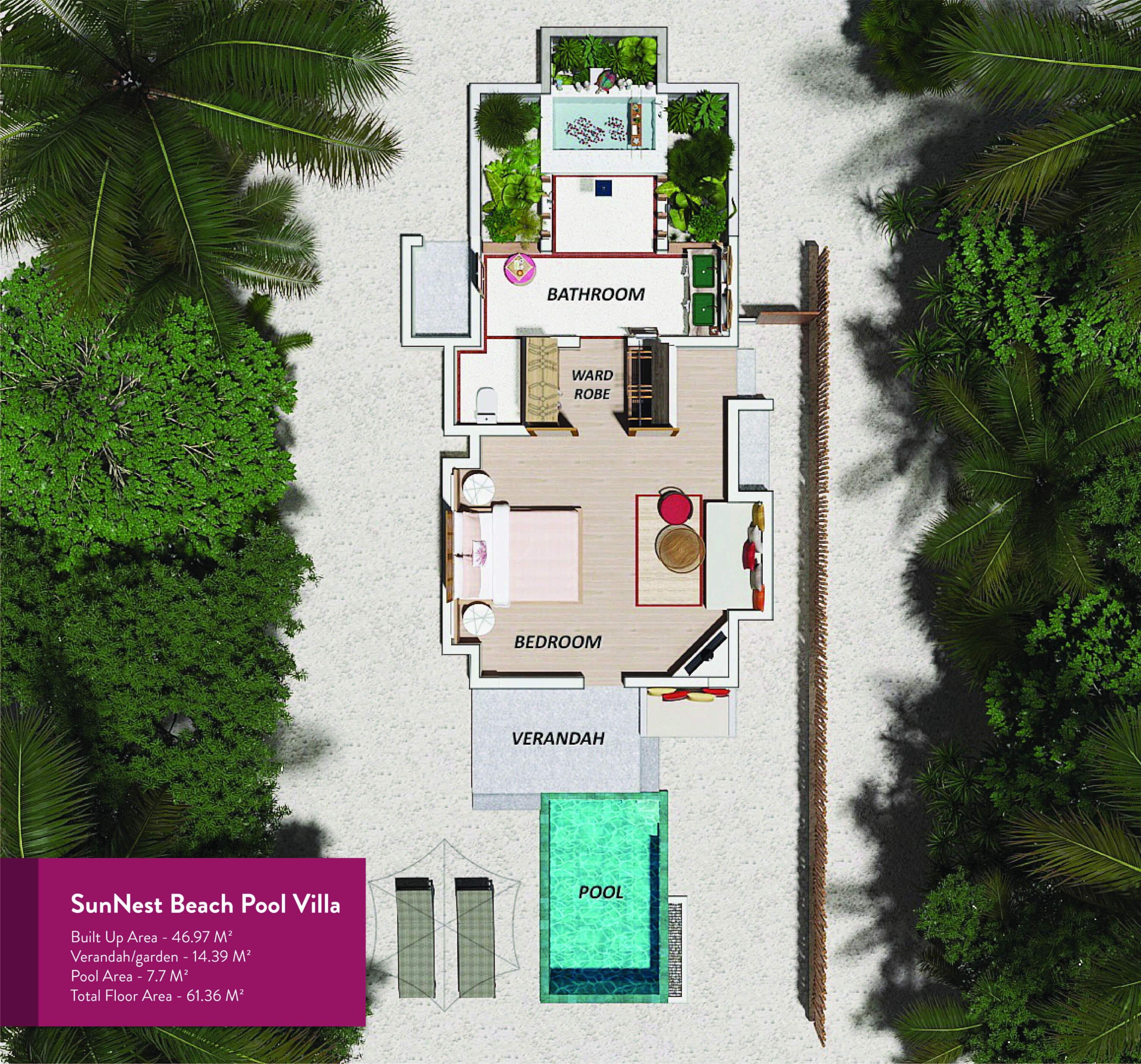 Eine zweistöckige Villa mit Pool, inklusive Schlafzimmer, Badezimmer, Kleiderschrank und Veranda.