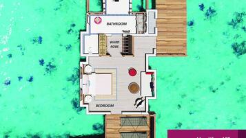 A floor plan of Nest Water Villa with a built-up area of 47.57 m², deck area of 24.77 m², and total floor area of 72.34 m².