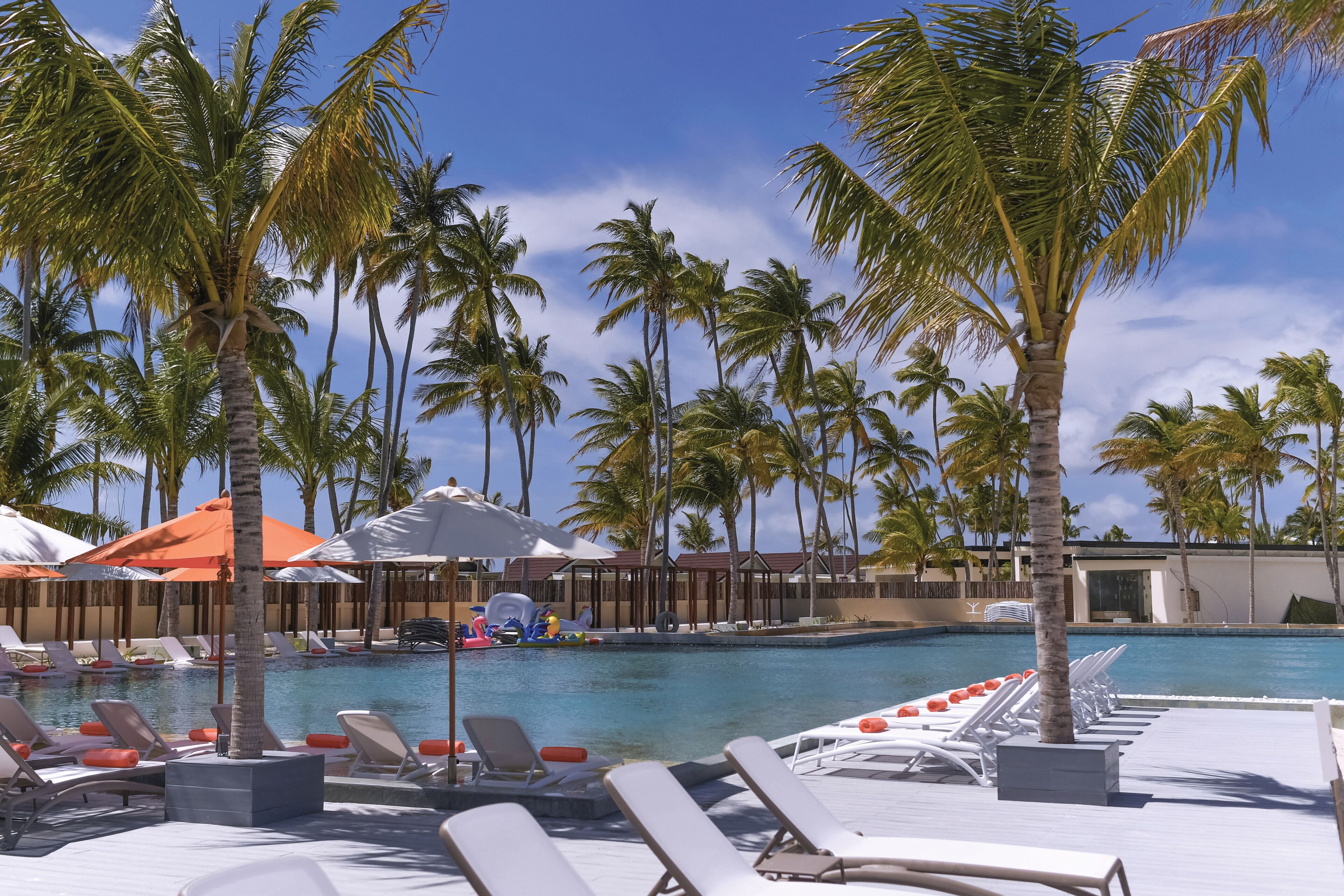 A poolside area with lounge chairs and umbrellas, surrounded by palm trees.