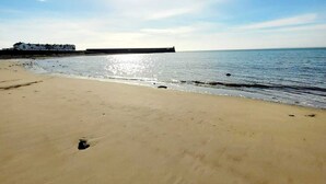 Una spiaggia con un litorale sabbioso e un molo all'orizzonte.