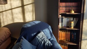 Una habitación acogedora con una cama cubierta por una manta azul, una estantería llena de libros y una ventana que proyecta sombras sobre la pared.