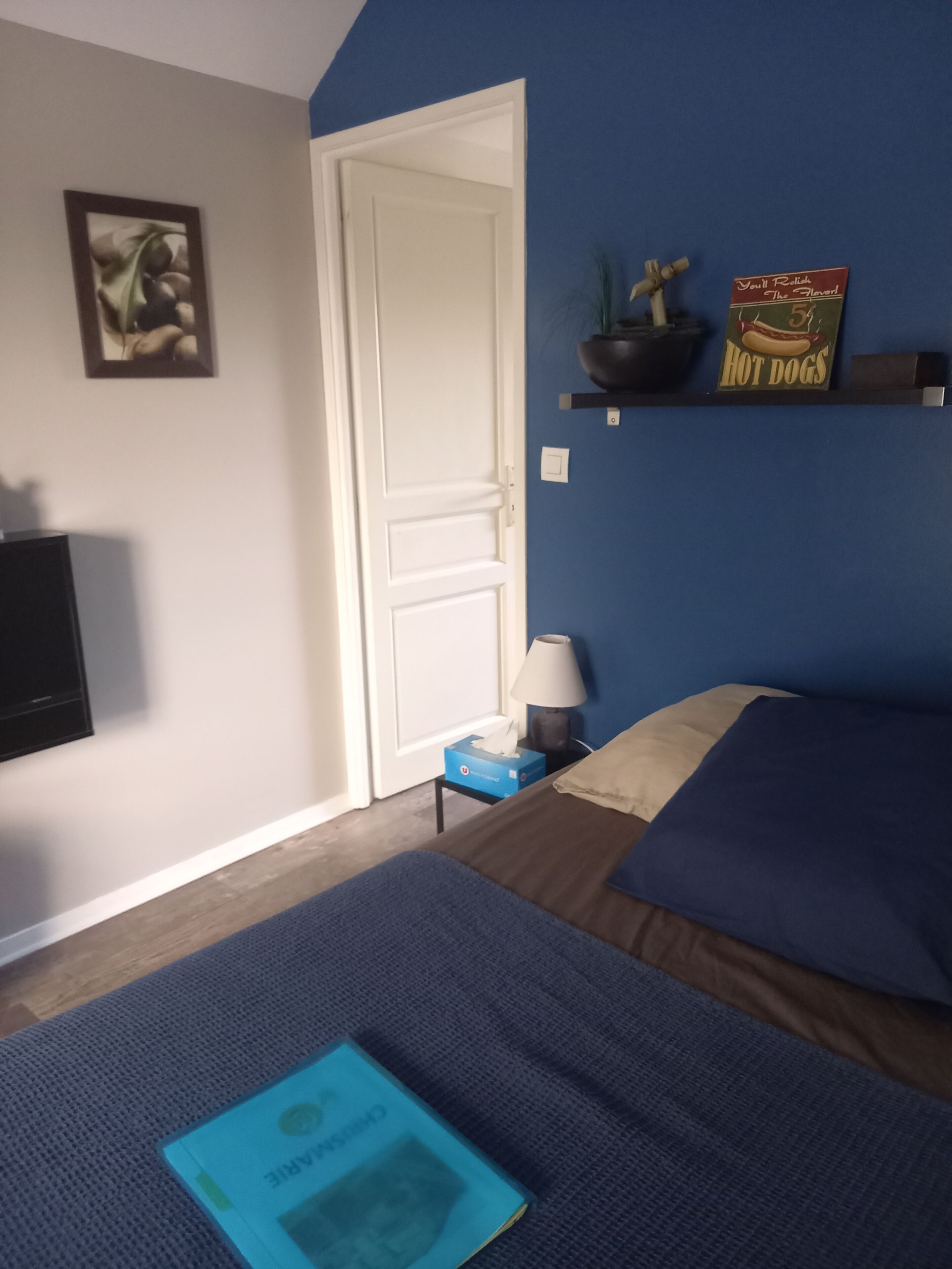 Een slaapkamer met een bed, een nachtkastje met een lamp, een televisie, een lijst met een foto aan de muur en een plank met een bordje met daarop ‘hotdog’.