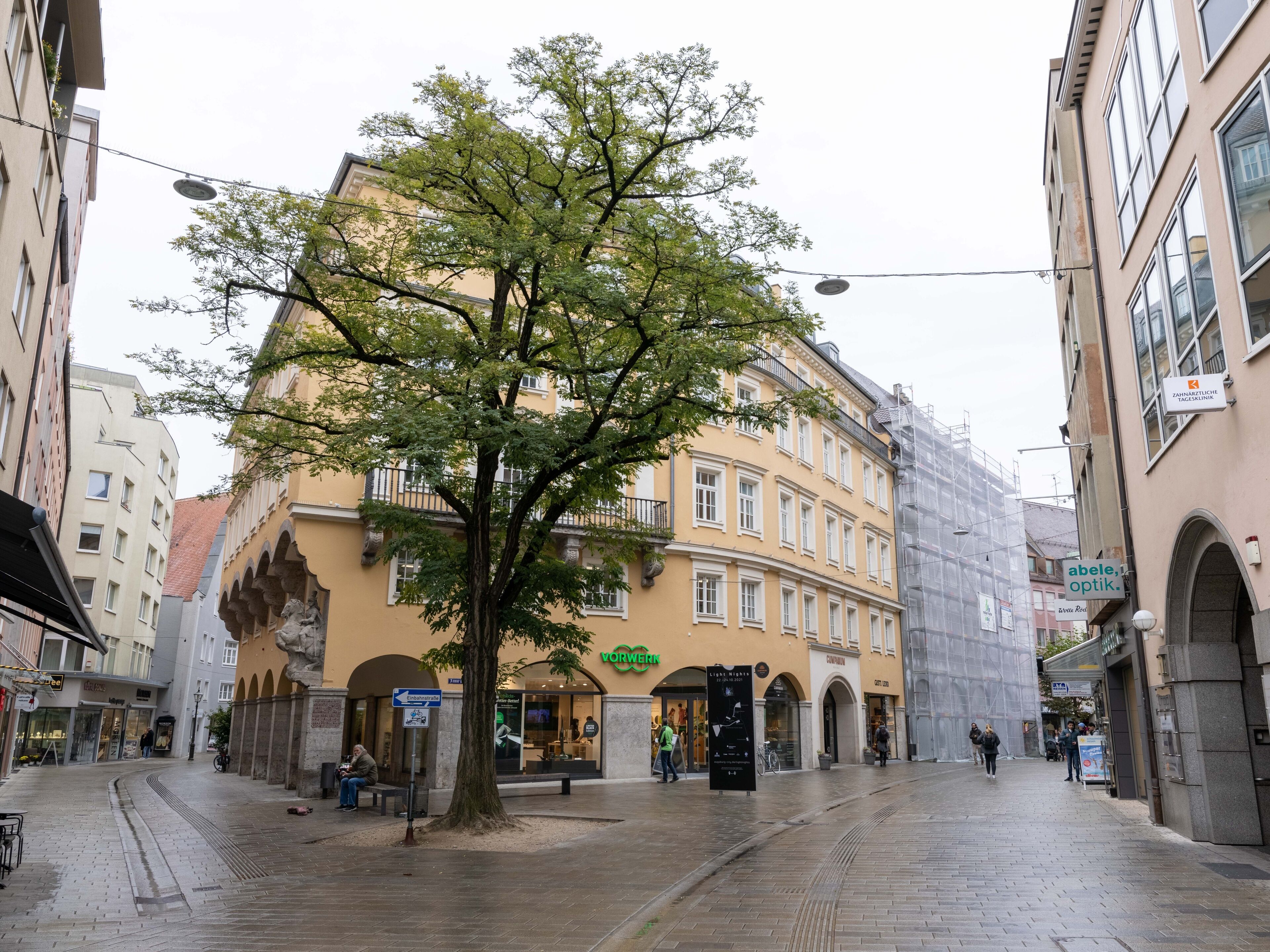 Rua arborizada com edifícios históricos, linha de bonde e calçada para pedestres.