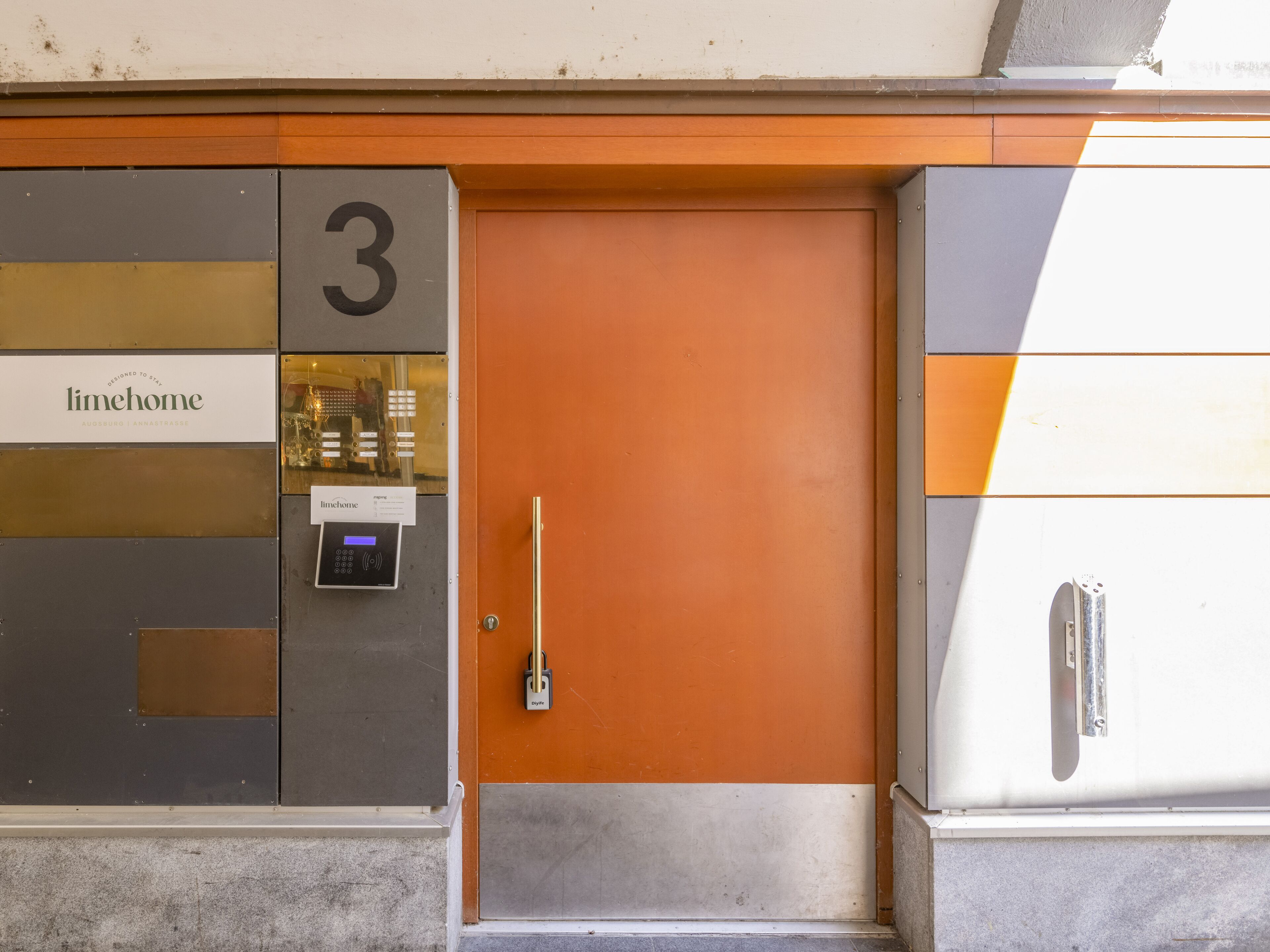 A hotel entrance with a number '3' sign, a door, and a keypad lock.