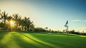 Golfkenttä, jossa on viirin koristama lyöntipylväs, palmuja ja kirkas taivas.
