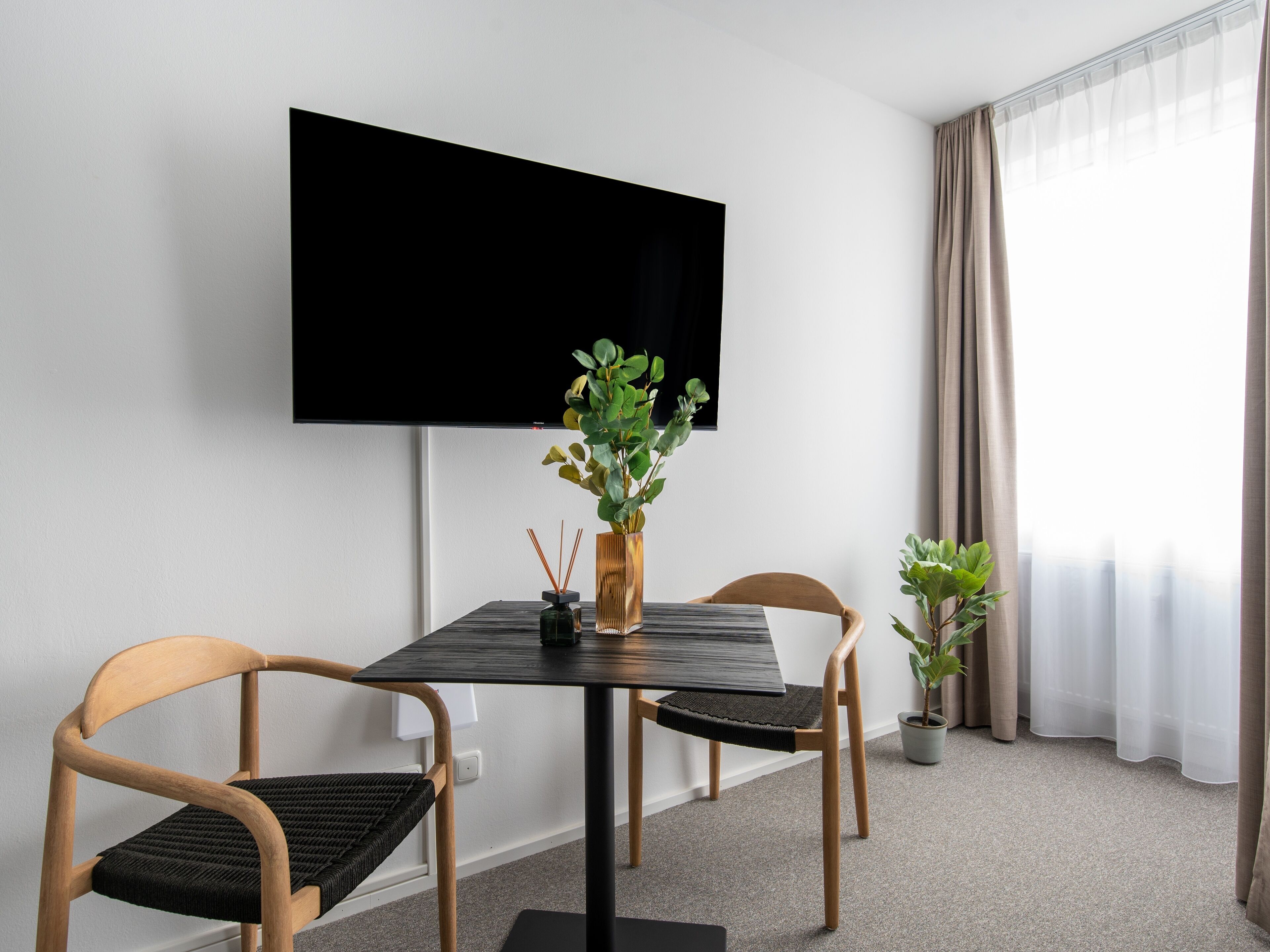 Una habitación moderna con una televisión de pantalla plana montada en la pared, una pequeña mesa con un jarrón de plantas verdes, dos sillas de madera y una planta en maceta junto a la ventana.