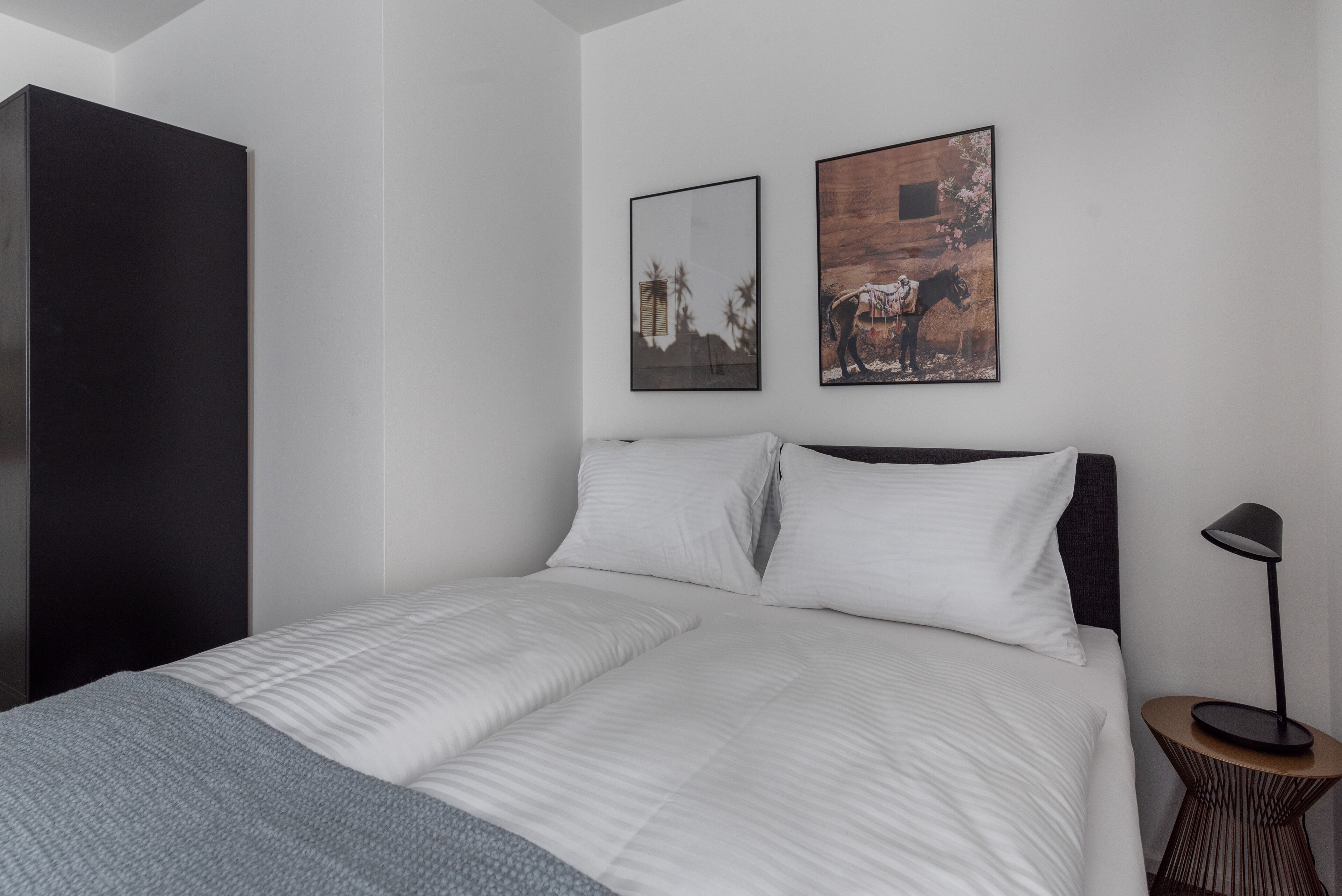 A modern bedroom with a large bed, two white pillows, a gray throw blanket, and a nightstand with a lamp.