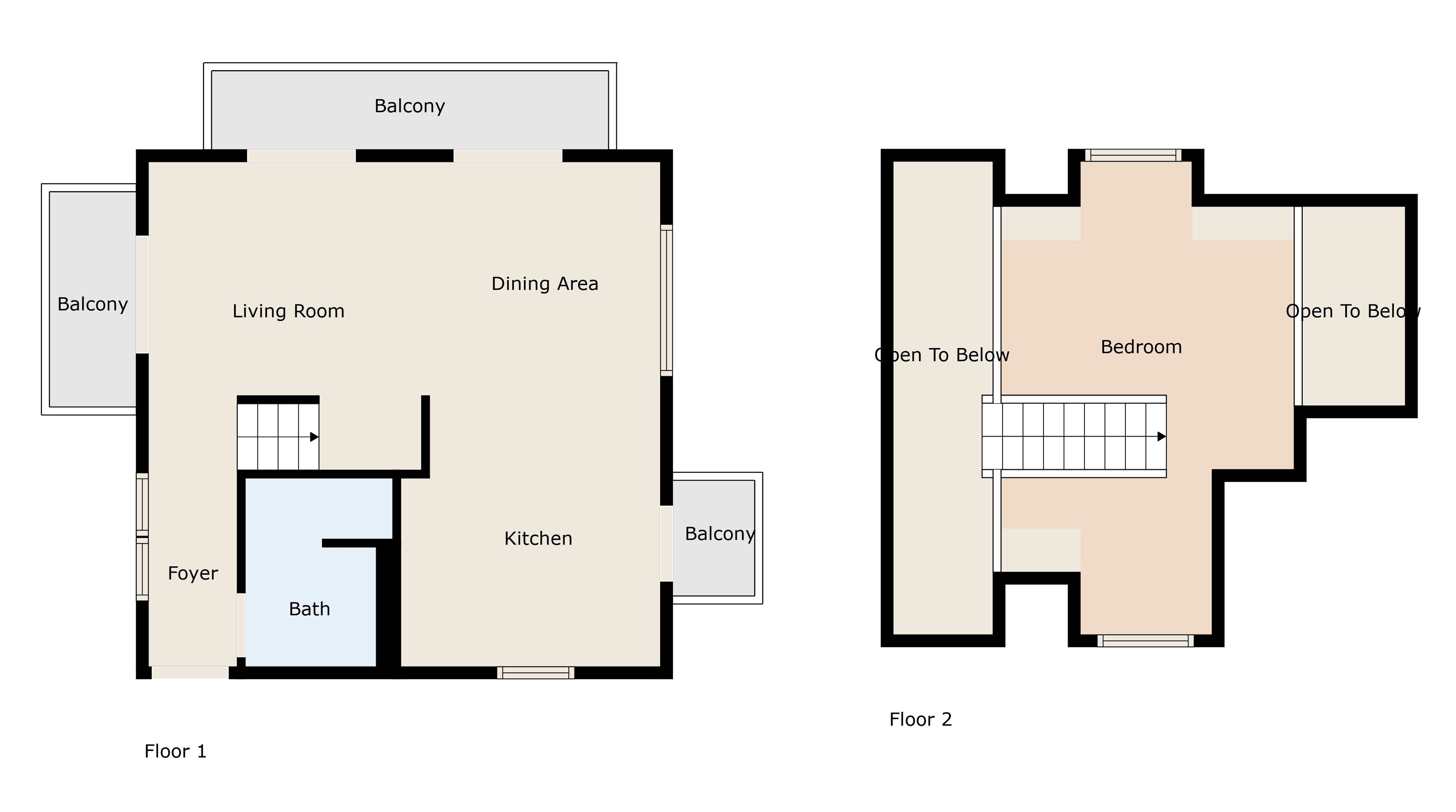 Deux plans d’étage d’un hôtel comprenant un balcon, un salon, un coin repas, une cuisine, un hall d’entrée et une salle de bain au premier étage, ainsi qu’une chambre et un balcon ouvert au deuxième étage.