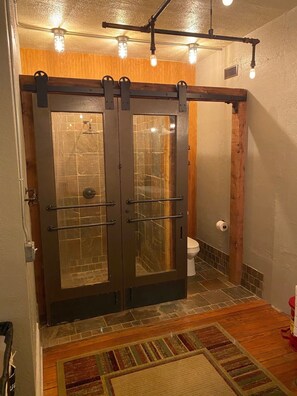 Shower, hair dryer, towels, soap - Old Town Loft w Hanging Master Bed (Wichita)