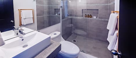 A modern bathroom with a large sink, toilet, and glass-enclosed shower.