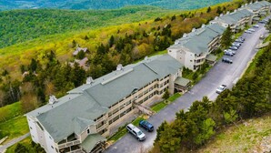 A multi-story hotel with a central courtyard, surrounded by lush greenery and mountains in the background. - Cozy Condo at Summit- 103D (Snowshoe)