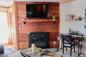 TV connectée, cheminée, livres, services de streaming