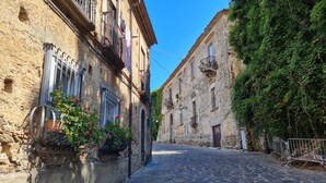 A narrow cobblestone street flanked by historic stone buildings with balconies and flower boxes. - Top location - tranquillity - pool - garden & sea view (Zambrone)