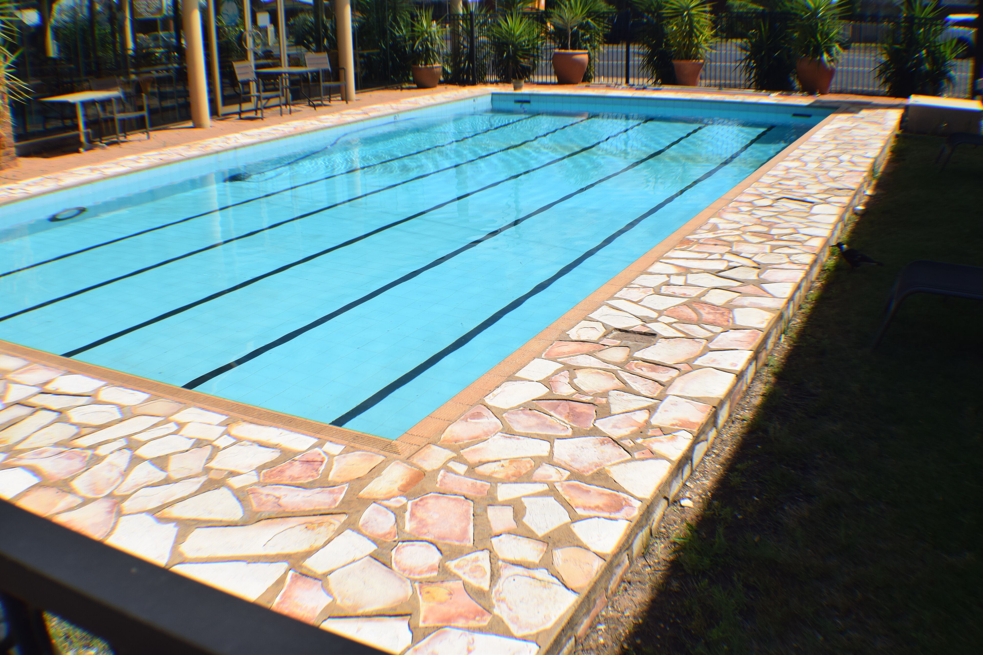 Una piscina al aire libre, sillones reclinables de piscina