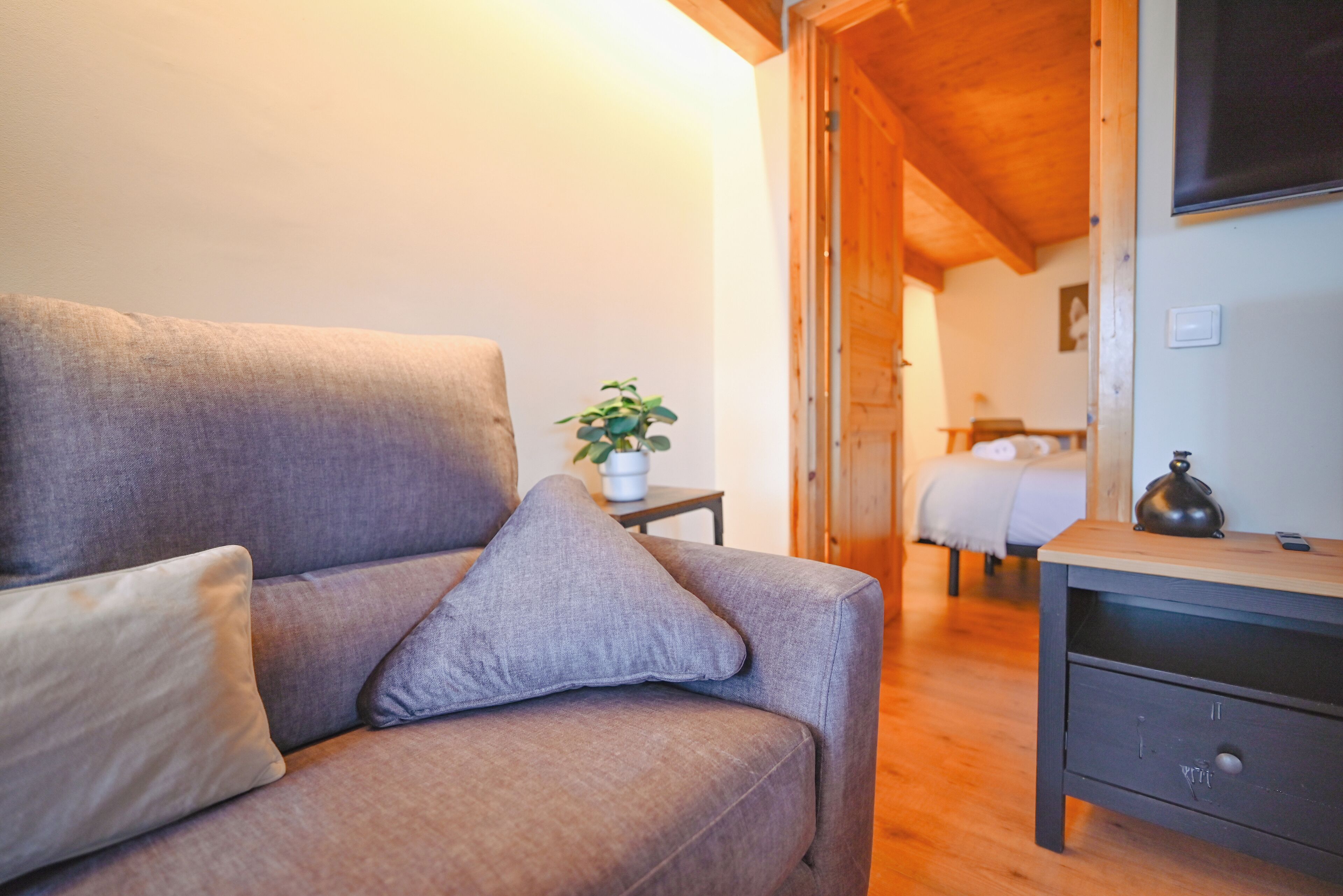 Una habitación acogedora con un sofá gris, una mesita con una planta y una mesita de noche de madera.