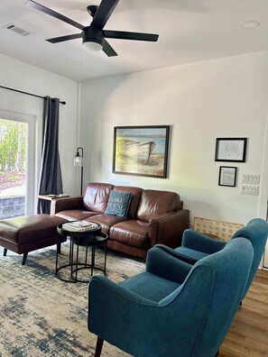 Smart TV, fireplace, books