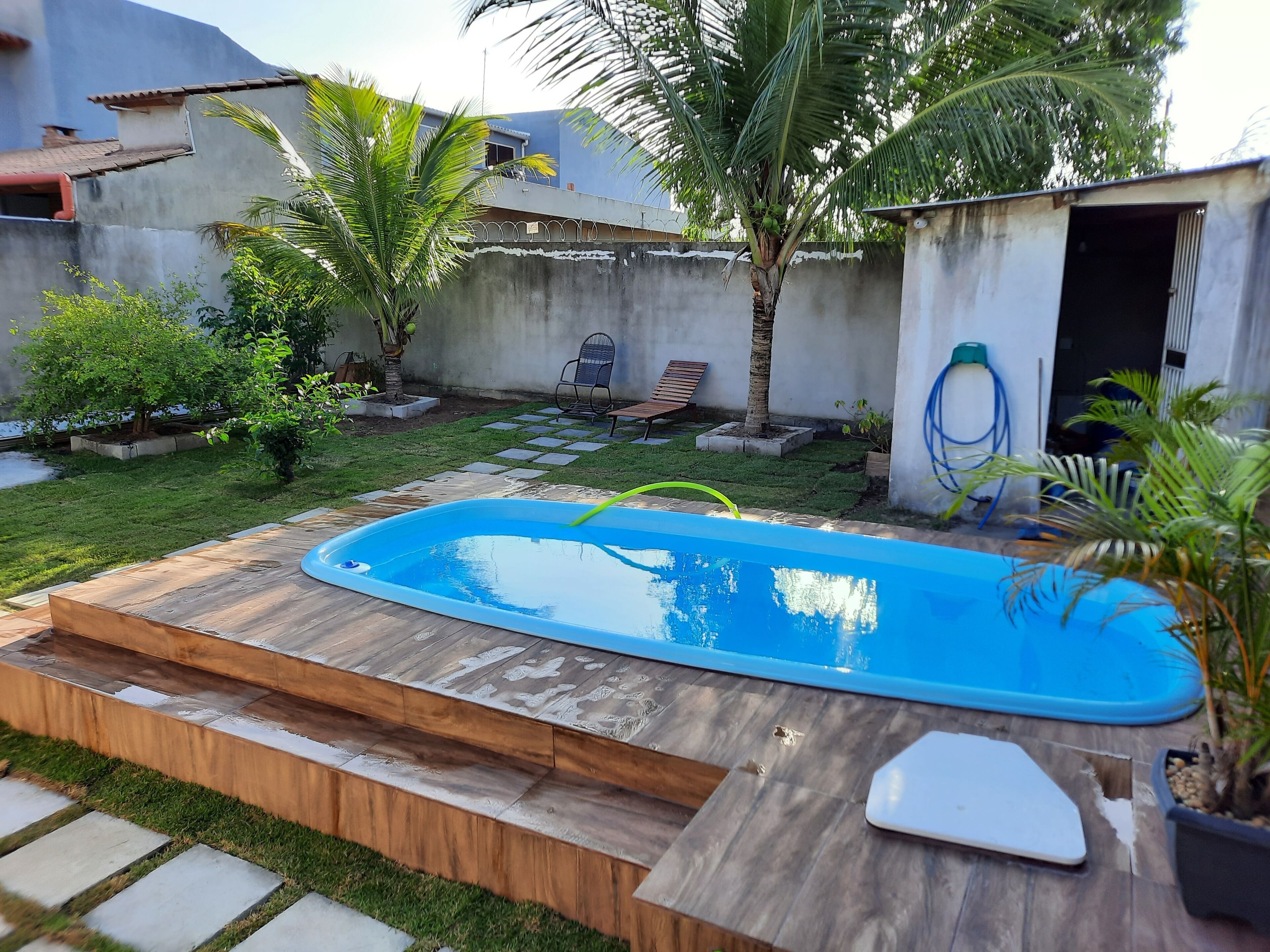 A backyard with a swimming pool, steps leading into the pool, a small shed, and a palm tree.