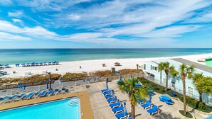 A resort with a pool, beach view, and palm trees. - Beach Memories Made Here-The Memory Maker Regency Towers 407-Beachfront-2Bd/2Ba-Sleeps 8 (Panama City Beach)