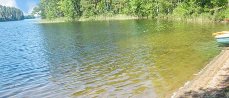 A calm lake with clear water, surrounded by dense green trees and a sandy shore.