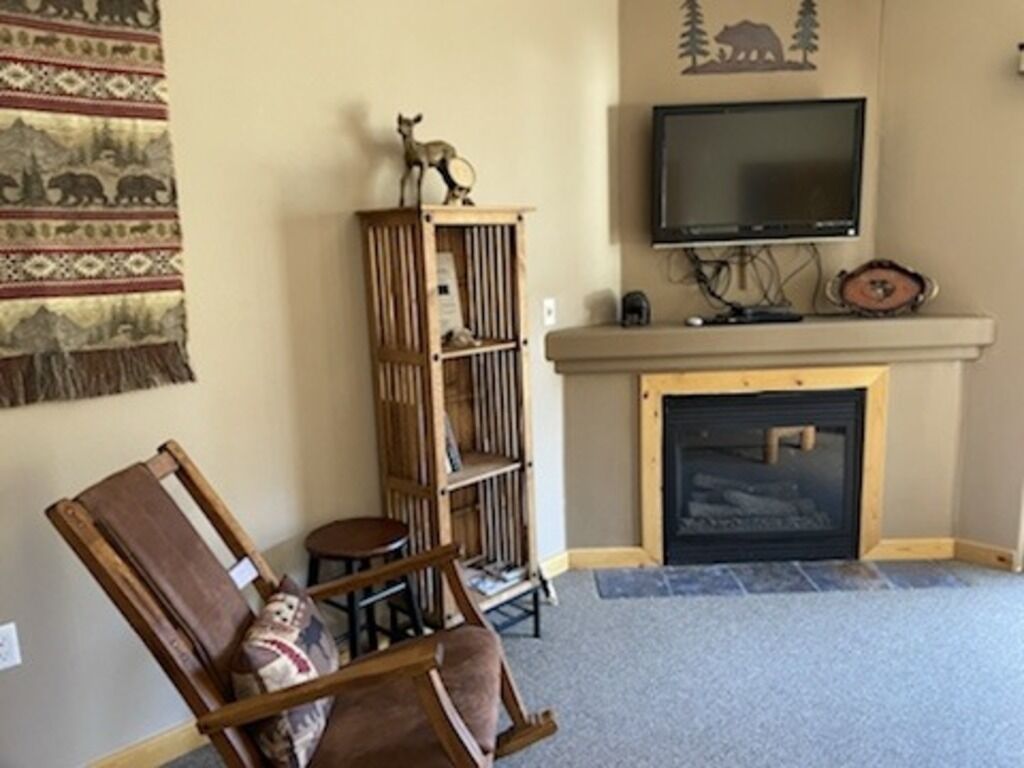 A living room with a fireplace, a television mounted above it, a wooden bookshelf, and a patterned rug.