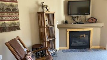 A living room with a fireplace, a television mounted above it, a wooden bookshelf, and a patterned rug.